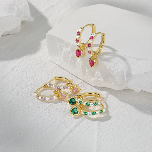 Heart Hoop Earrings with Zircon – Pink, Green, or Rose Red - Zafari Studio Jewelry